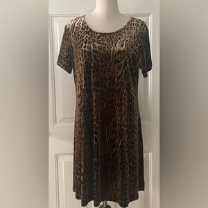 Vintage 90s Dressing Clio Velvet Leopard Animal Shift Style Dress Brown Black L